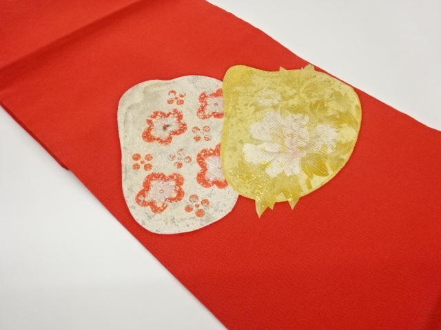 上代紬金銀彩貝合わせに牡丹・梅模様開き名古屋帯（額縁仕立て）